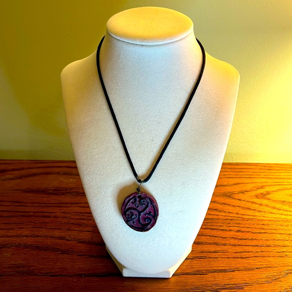 Vintage 90s Burgundy Celtic Clay Pendant Necklace
